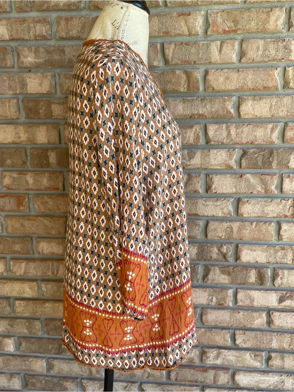 Pleione Orange Patterned Tassel-Front Boho Peasant Top.